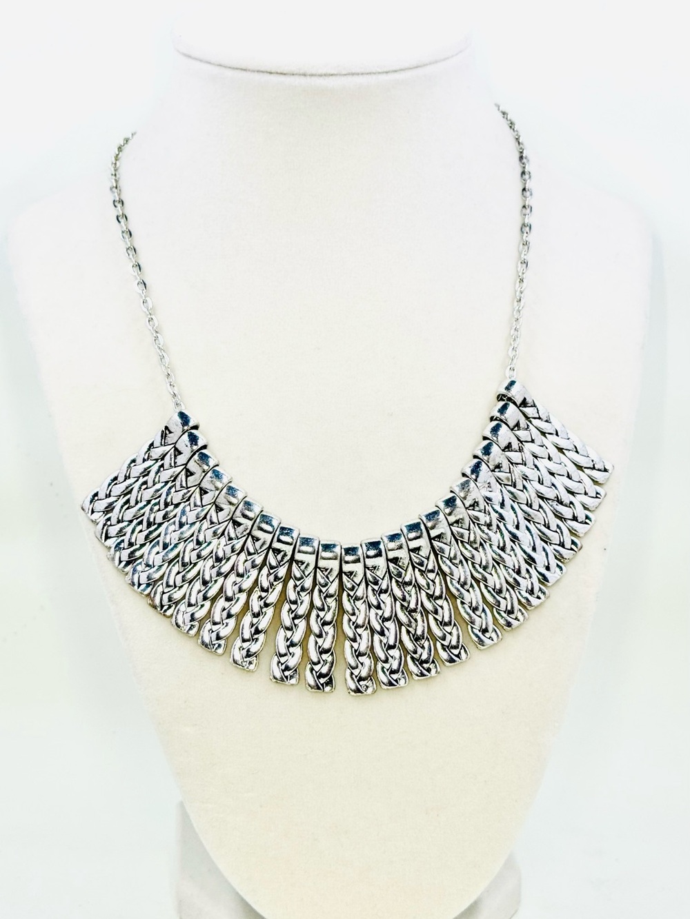 Silver Tone Braided Look Fringe Statement Bib Choker Necklace 15-18”